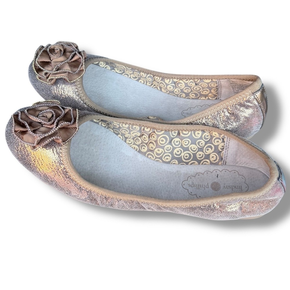 Lindsay Phillips Liz Ballet Flats Metallic Bronze Leather Rose Embellishment 6.5 - Picture 6 of 16